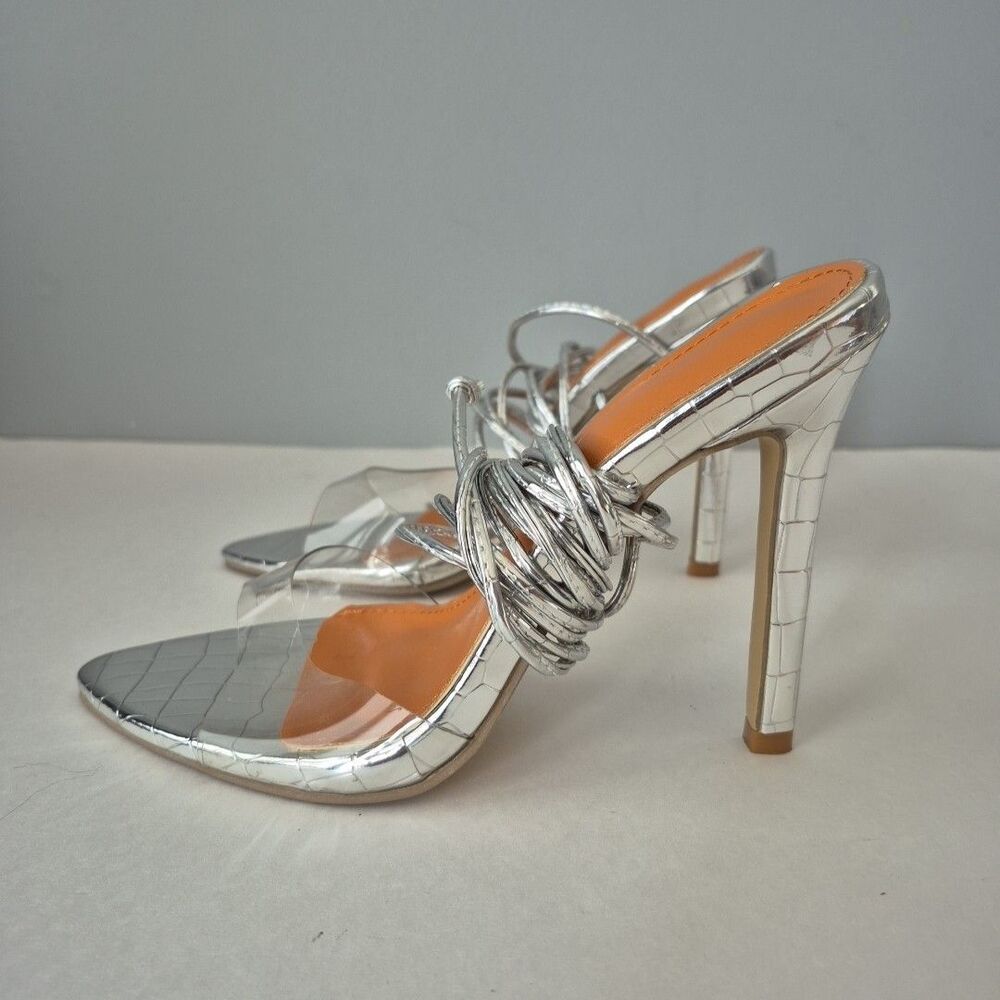 Boutique Silver Clear Open Toe Lace Up and Around the Calf High Heels Womens 6